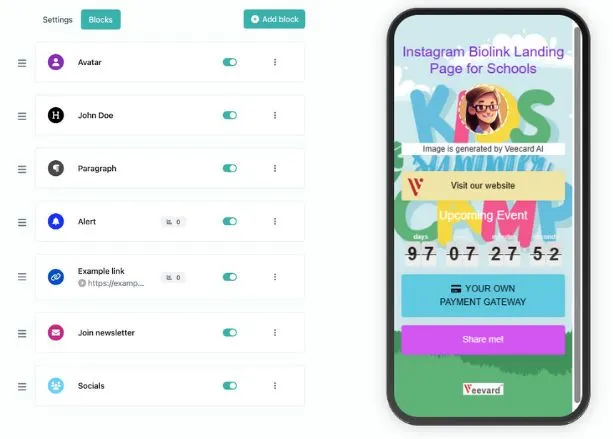 Screenshot of the app biolink editing page
